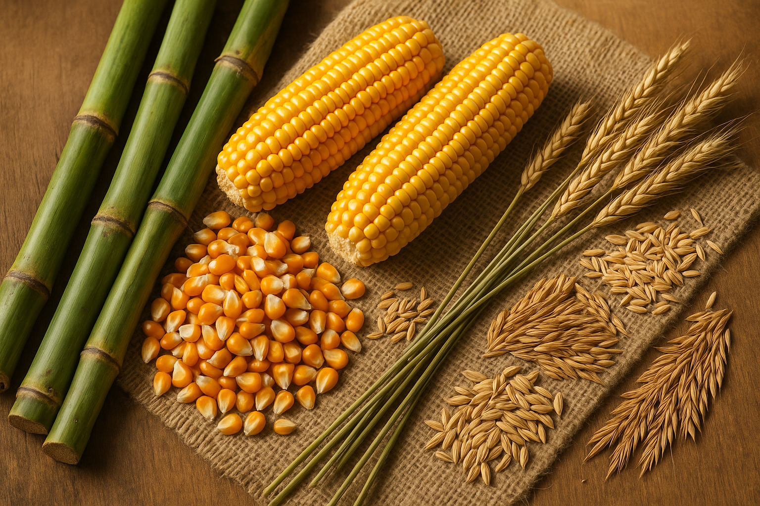 Very natural photo of eco-friendly materials - corn, sugarcane and grains